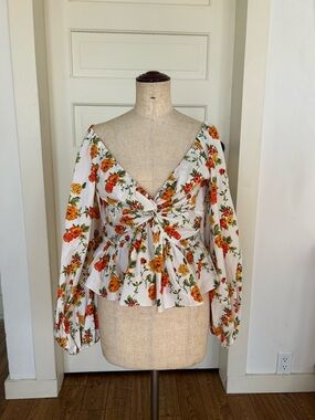 Caroline Constas White Floral Twist-Peplum Blouse small 4 6